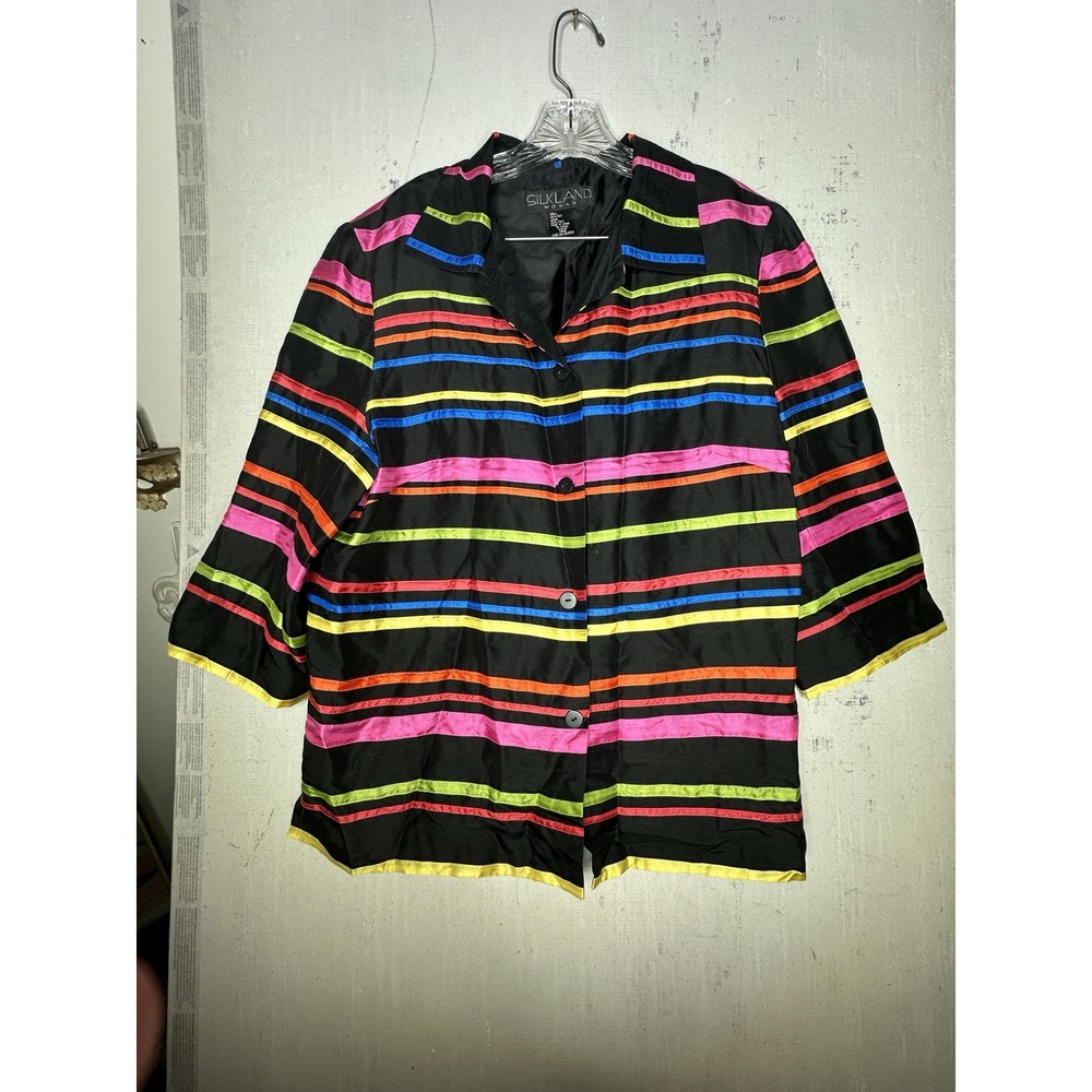 Silkland Black w/ Color Stripe 3/4‎ Sleeve 100% Silk Jacket | Tagged Size: 14W